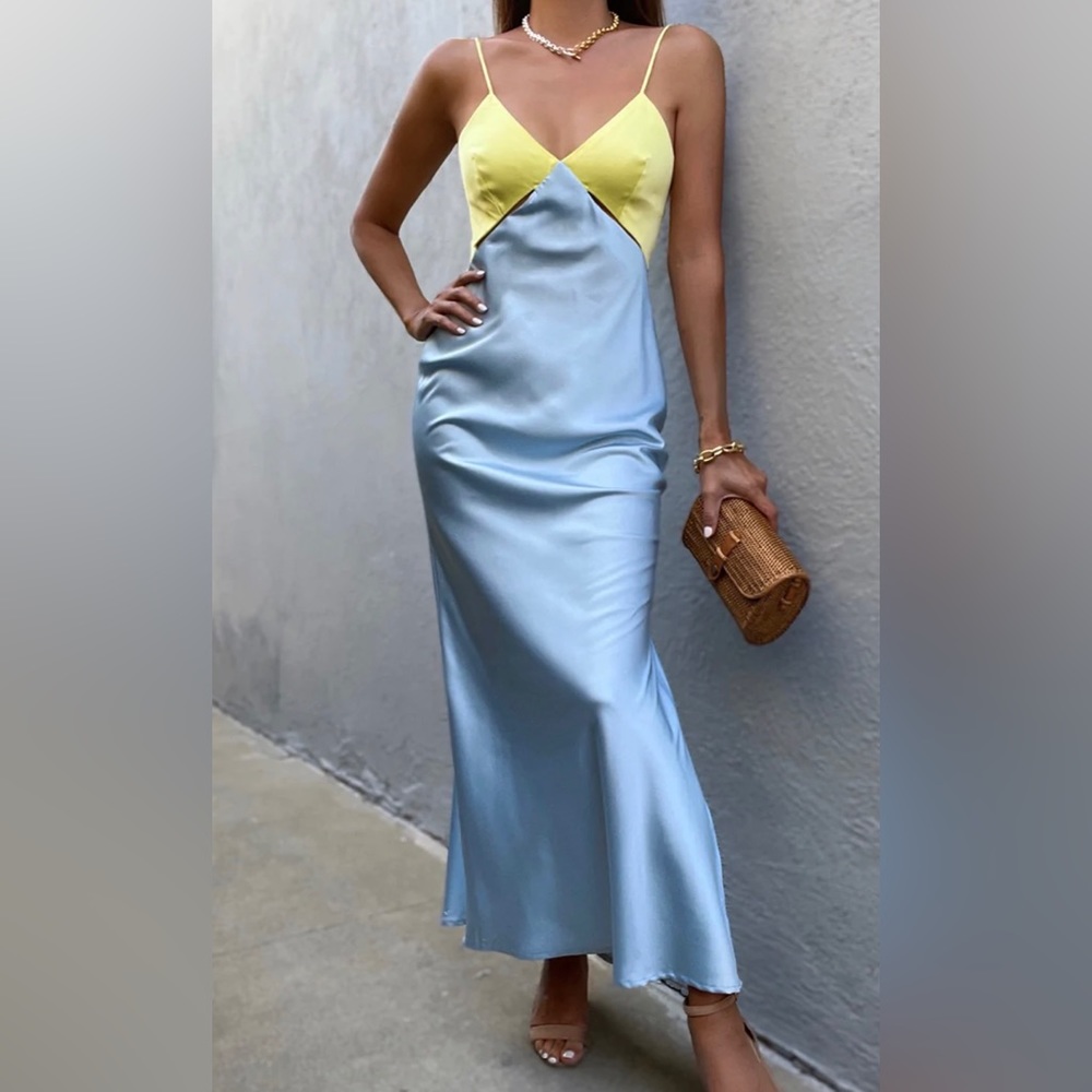 RUNWAY THE LABEL Nico Slip Dress in Lemon/Sky (XS)